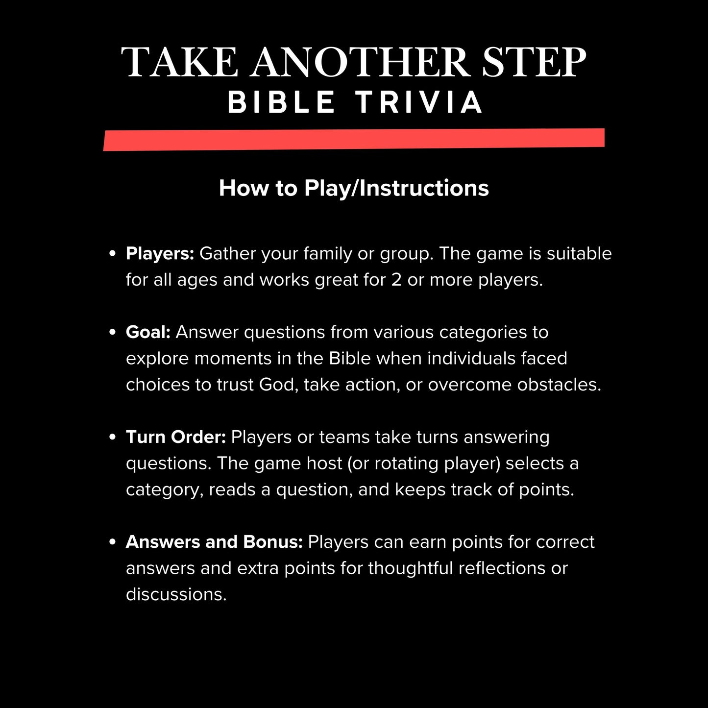 TAKE ANOTHER STEP BIBLE TRIVIA "Use code STEP to receive discount"