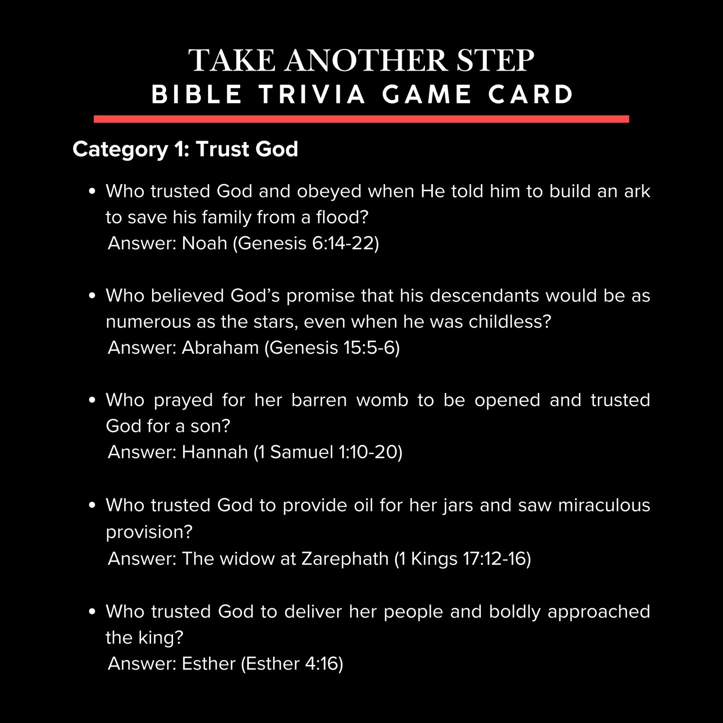 TAKE ANOTHER STEP BIBLE TRIVIA "Use code STEP to receive discount"