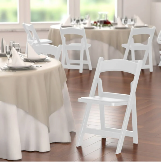 White Resin Folding Wedding Chair with Vinyl Seat Rentals